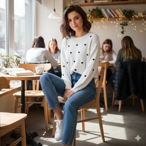 Miracle Sweater Womens L White Cable‎ Knit Ribbed Heart Embroidered Cozy Soft